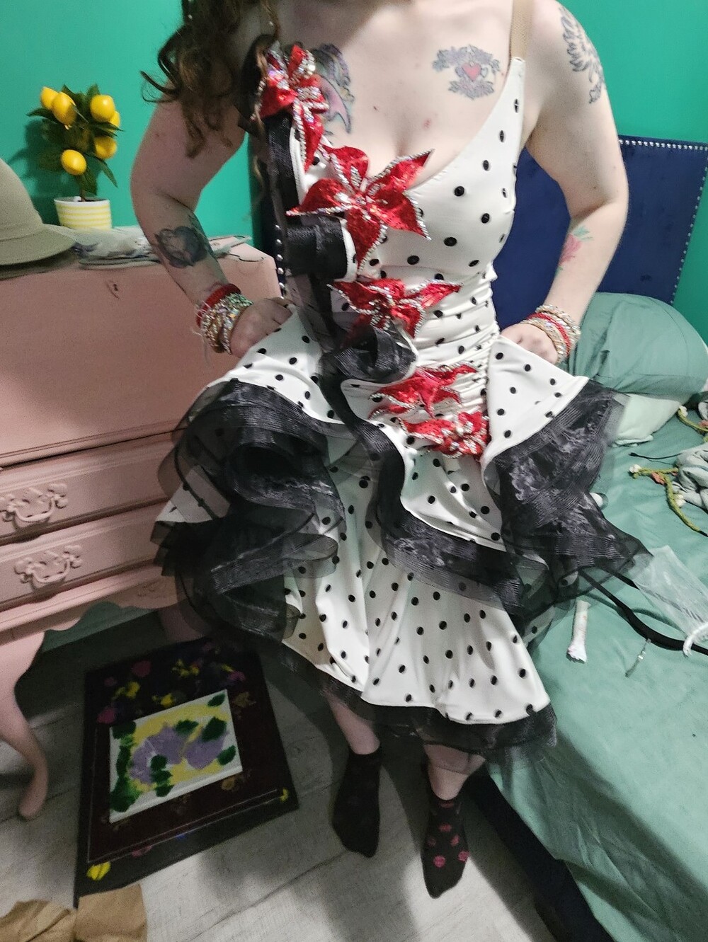 "Lola" - Polka Dot couture Valeria Designs Swing dresss w/ red Swarovski flowers - Picture 6 of 15